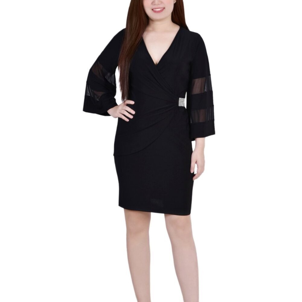 NY Collection Black Sheer-Sleeve Rhinestone Side Wrap Dress Petite Medium